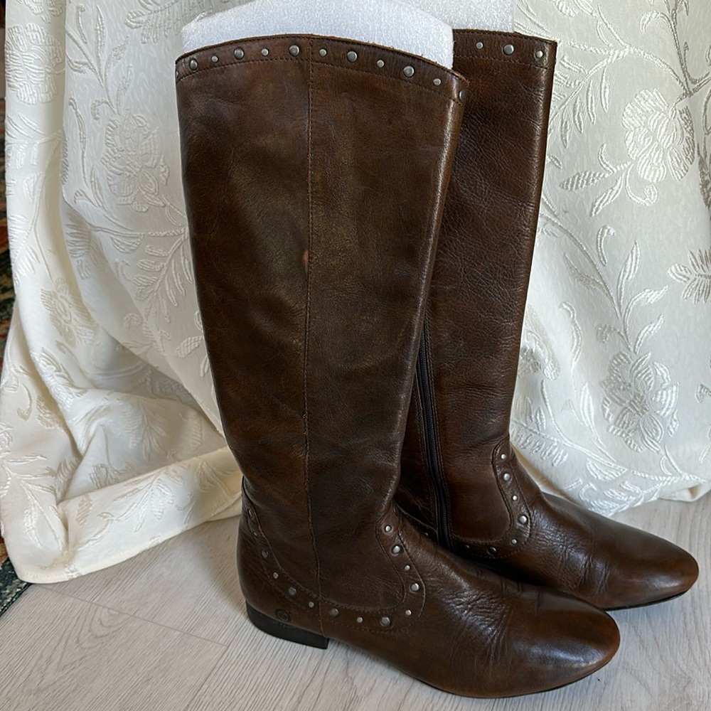 Born Lizzie Tall Leather studded Boots excellent preowned condition  size 9.5